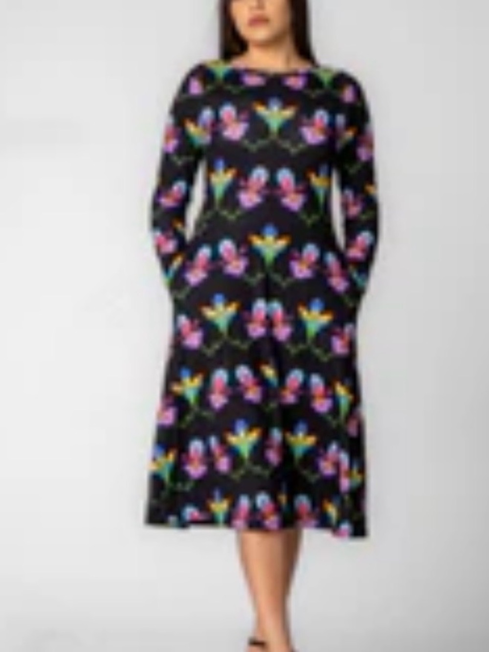 Black Long-Sleeve Floral Midi Dress with Colorful Blooms